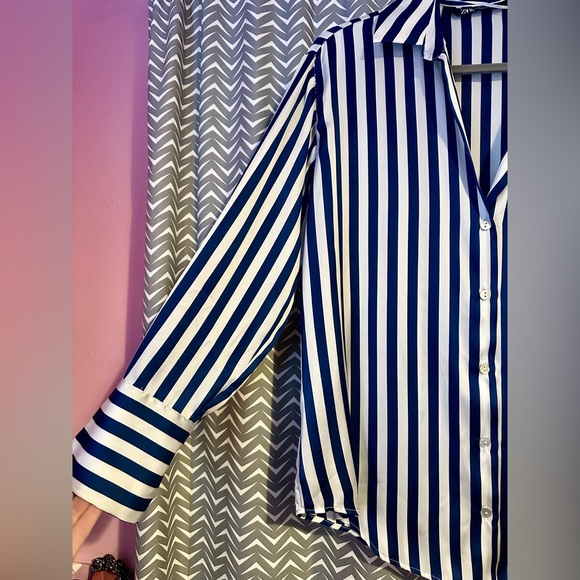 Zara | Blue and White Striped Satin Button Up, Size S - Picture 4 of 7